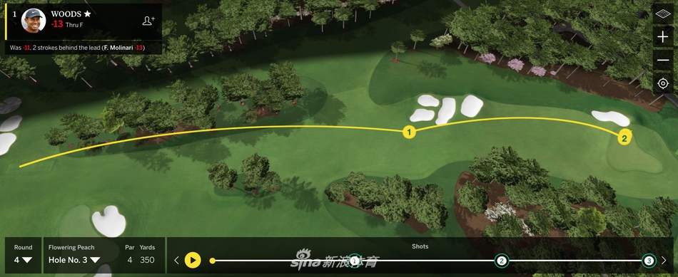 第三洞开花碧桃，伍兹面对极具挑战的三杆洞果岭，专注审视推杆线路。