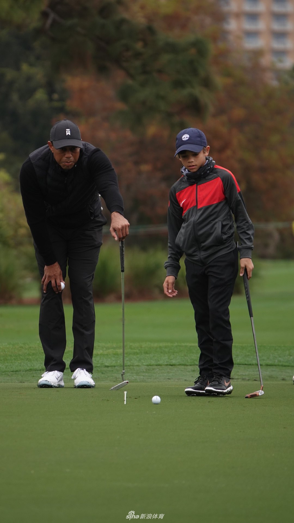 查理·伍兹在果岭边沉稳推杆，专注的神情与父亲标志性的比赛面孔如出一辙。