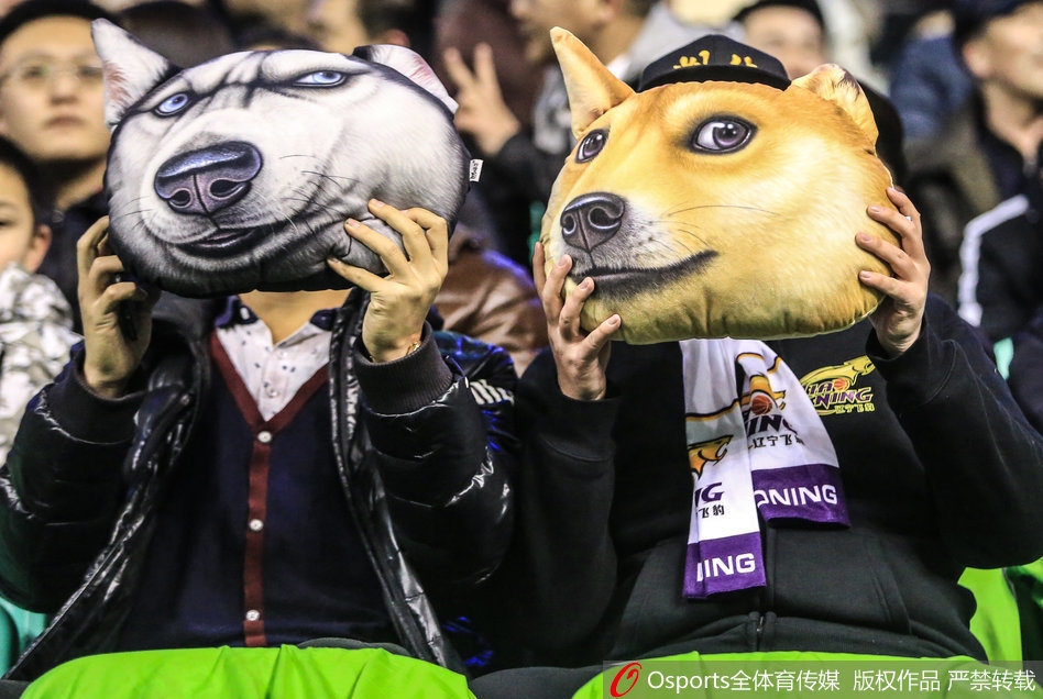 一位年轻的男球迷面对镜头，脸上贴着辽宁队的贴纸，他双手竖起大拇指，眼中闪烁着激动的光芒，张开嘴巴忘情地呐喊，似乎要把自己所有的力量都通过声音传递给场上的队员。