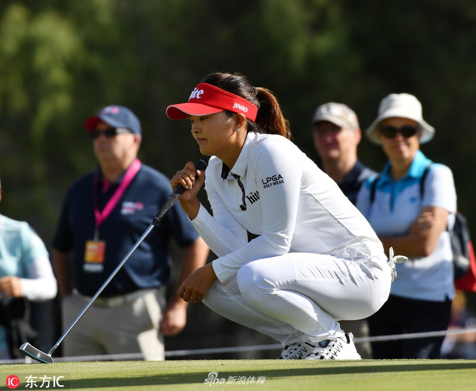球员在果岭边进行细致的切杆，小白球划过一道精准的弧线飞向球洞。