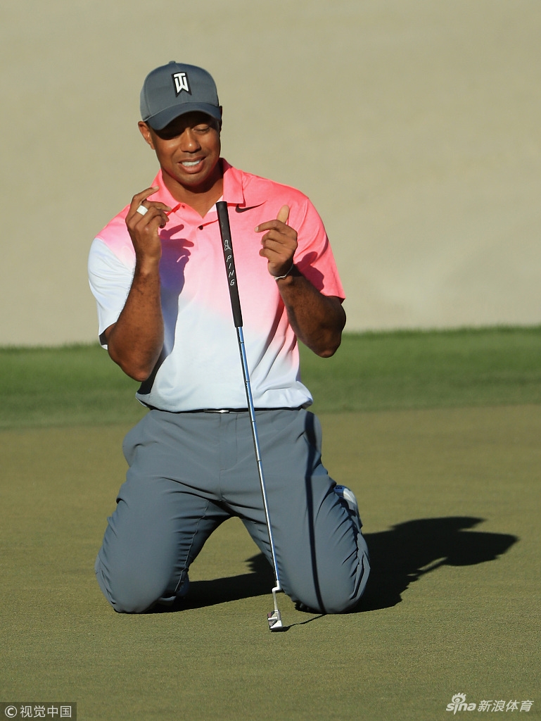 老虎伍兹使用铁杆进行击球,动作流畅而有力,白色的高尔夫球在绿色草地的映衬下划出一道即将起飞的弧线。