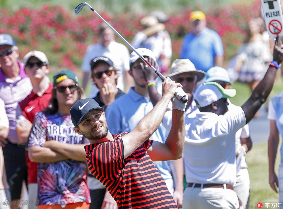 老将菲尔·米克尔森在全神贯注地准备击球，经典的短裤造型和专注姿态令人过目不忘