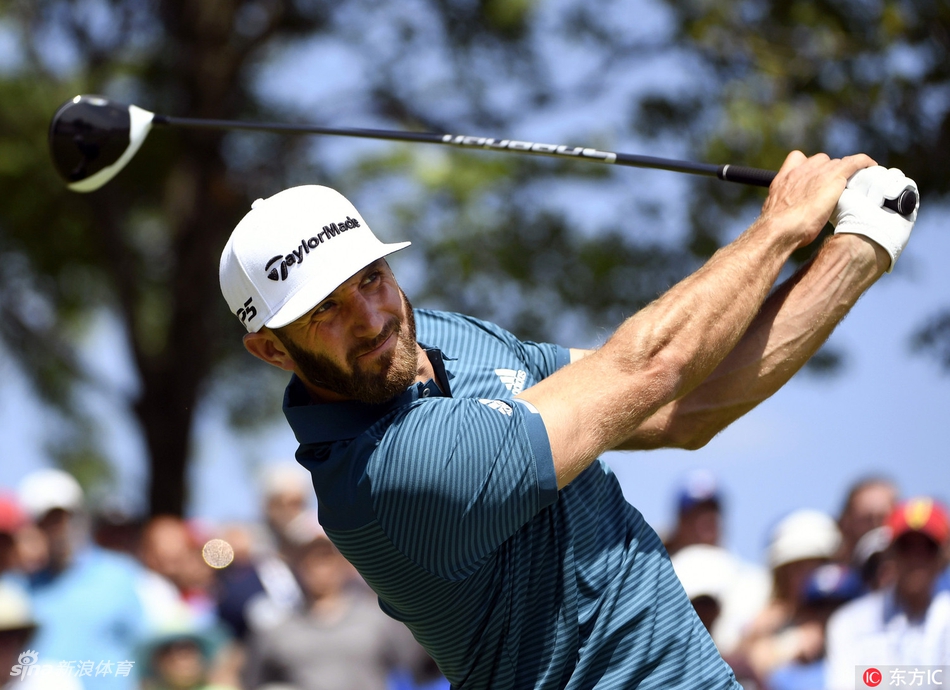 达斯汀·约翰逊在树林与长草环绕的艰难球位中冷静观察，准备上演一次精准的救球。