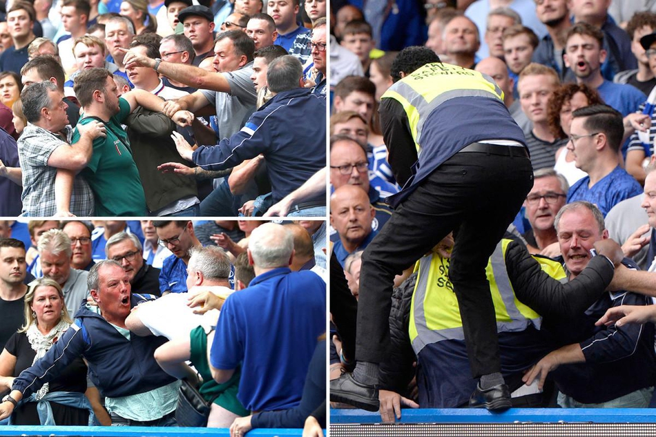 冲突瞬间爆发，一名戴眼镜的球迷表情惊愕，对方的拳头已近在咫尺，眼镜即将脱手飞出，周围球迷纷纷侧目躲避。