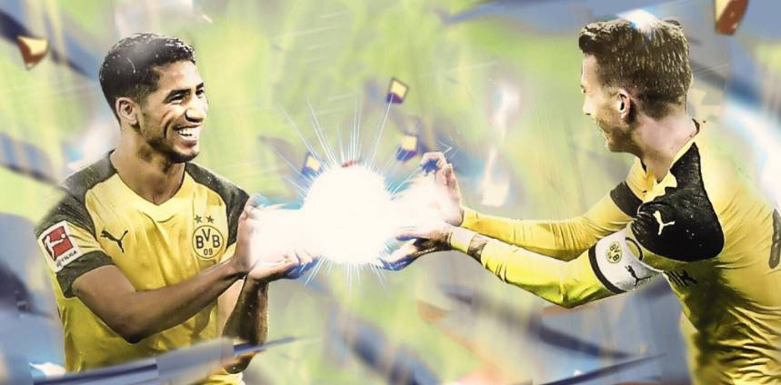 全景镜头下的威斯特法伦球场，黄黑色的看台组成一片沸腾的海洋，巨大的TIFO和挥舞的旗帜，永远是多特蒙德最坚强的后盾。