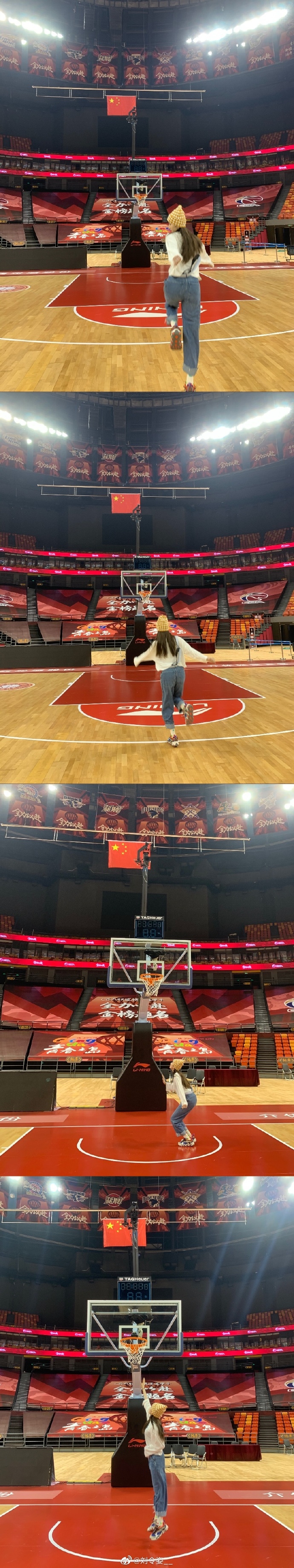 曾可妮在青岛赛区的地板上做出投篮姿势，表情专注，仿佛一名真正的篮球选手