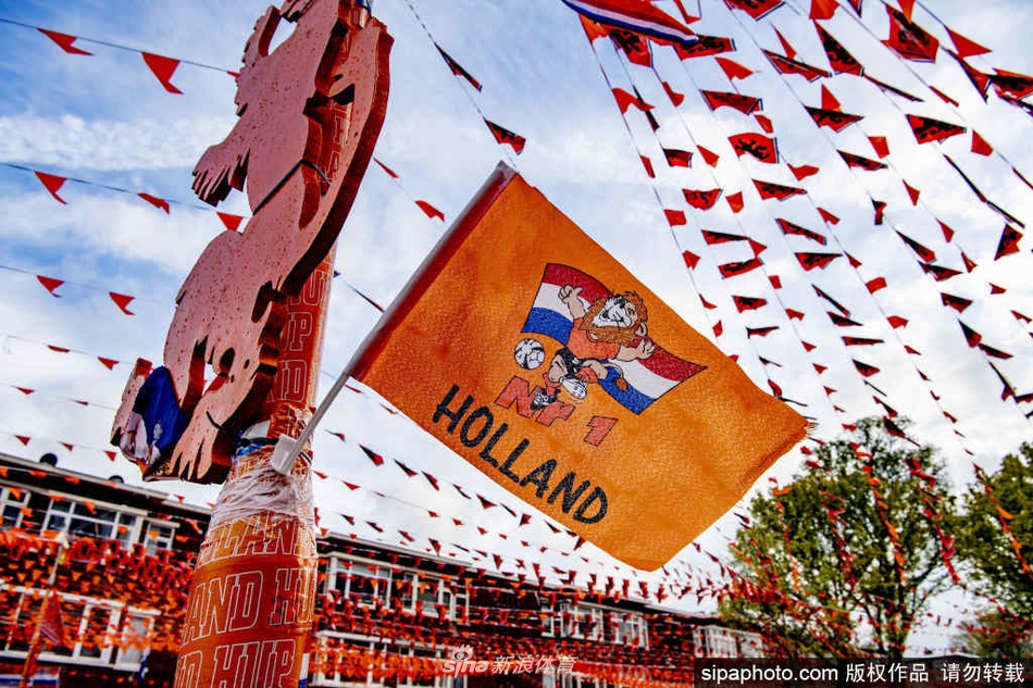 海牙一条居民区的街道，两侧的联排房屋几乎无一例外地在窗外或阳台悬挂着巨大的橙色旗帜，几位居民正站在自家门前笑着交谈，他们身边堆放着橙色的气球和花环，整条街道被精心装扮，展现出荷兰民众以家庭为单位、全民参与欧洲杯庆祝的浓厚社区氛围。