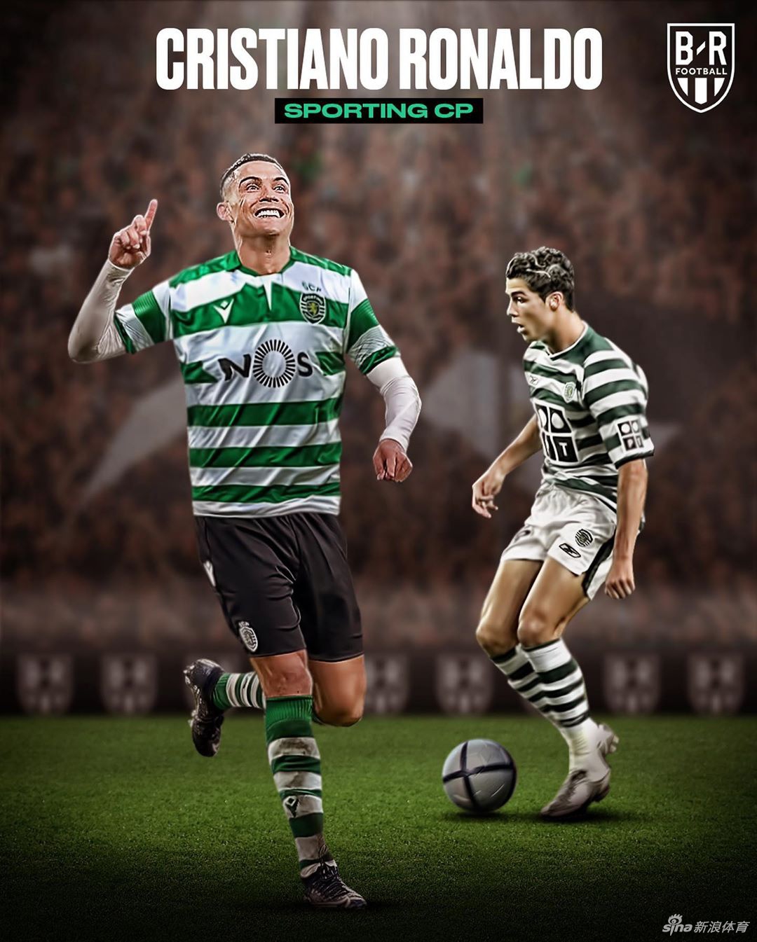 年轻的克里斯蒂亚诺·罗纳尔多身披葡萄牙体育传统的绿白间条衫，在阳光下的训练场上带球疾驰，他眼神清澈而坚定，仿佛在告诉世界，一颗明日之星正要从这里升起。