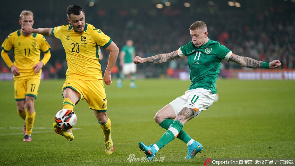 坚盾难摧的瞬间：立陶宛门将巴特库斯飞身跃起，单掌将爱尔兰队势在必得的头球攻门托出横梁