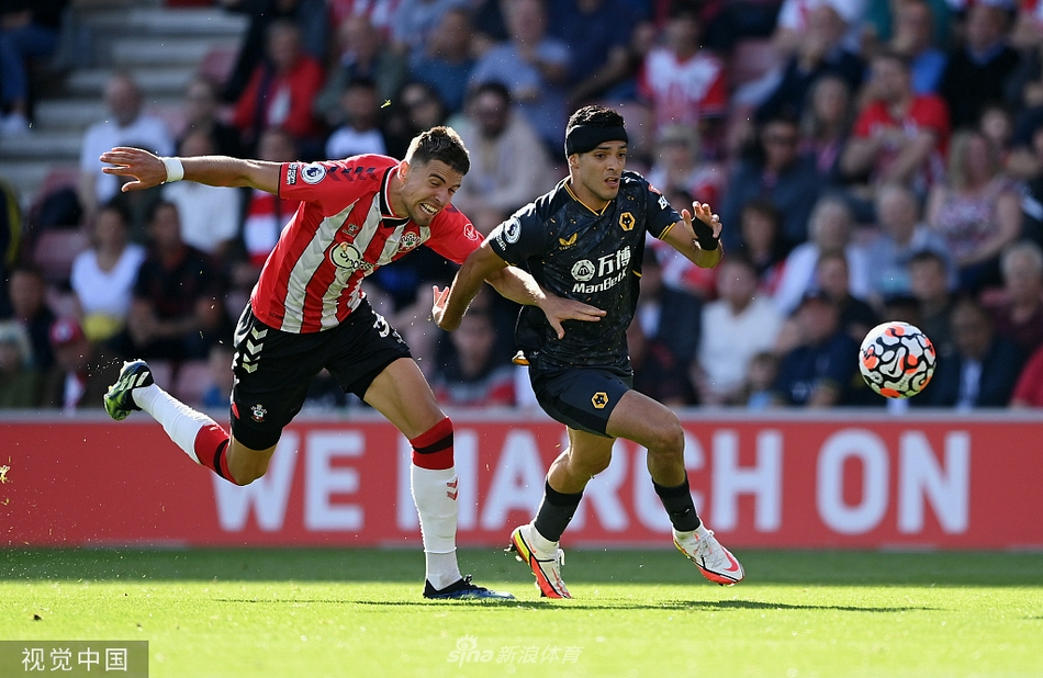 南安普顿的高中锋切-亚当斯在禁区内高高跃起，试图从狼队后卫考迪头顶抢下第一落点，两人在空中展开激烈的头球争顶。