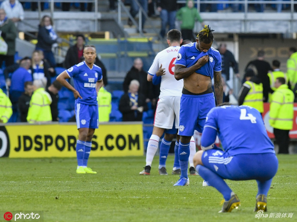 卡迪夫城球员赛后瘫倒在草坪上，眼神中充满失落与不甘，背后是庆祝胜利的水晶宫球员，形成鲜明对比。