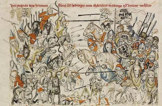 ▲莱格尼察之战手稿，这一战中，蒙古轻骑兵通过佯退诱使基督教联军骑兵和步兵脱节，最终被全军歼灭