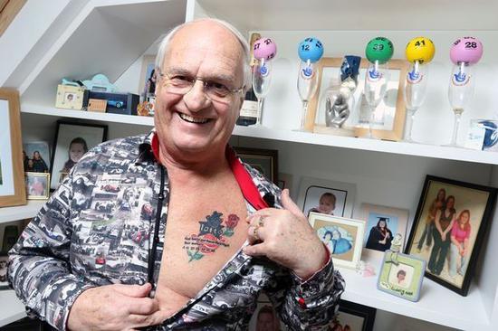 亿元巨奖得主彼得-康登展示他的纹身