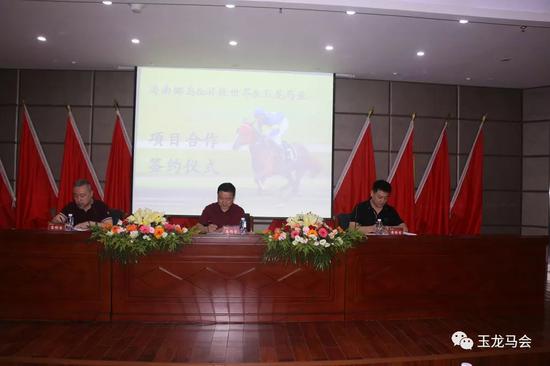 协议签订现场,从左至右分别为:玉龙马业执行董事马贺、椰岛集团董事长冯彪、游牧世界董事长闫宏翔