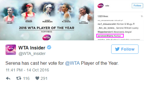 近几年WTA年度最佳球员获奖者: