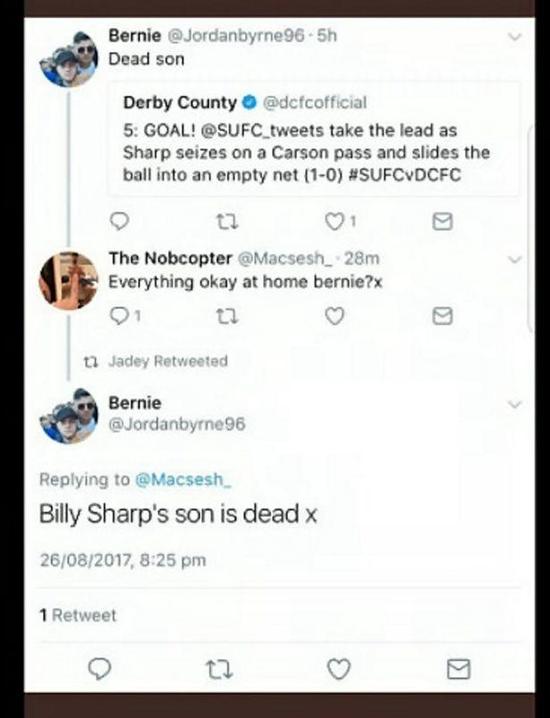 德比郡球迷伯恩却在推特上往夏普的伤口上撒盐
