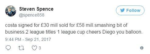 科斯塔买来3000万英镑卖掉5800万英镑，还为球队夺得2次英超和1次联赛杯。为这次转会欢呼。