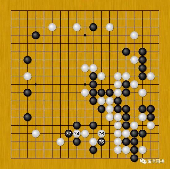 图8：白74冲击黑棋必然，黑75先扳一下再黑77挡住，招法令人眼花缭乱。