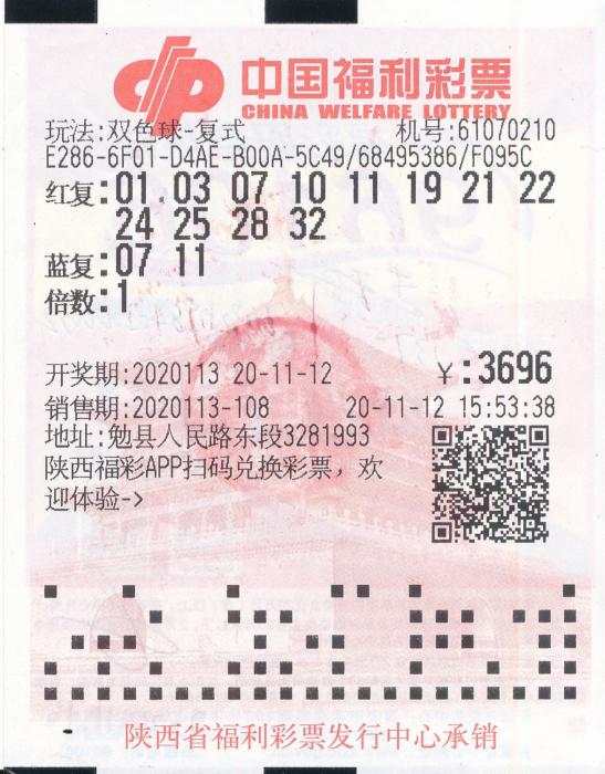 号投注站,为12 2复式自选票,票面金额3696元,共豪揽527万元一等奖1注