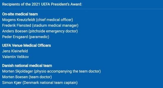 克亚尔与拯救埃里克森的医疗团队将获欧足联主席奖