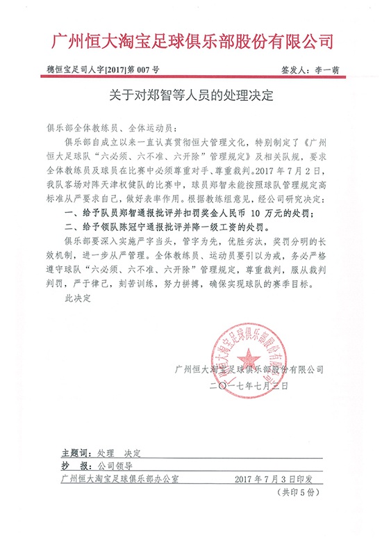 2017年,队长郑智被通报批评并扣罚奖金10万。