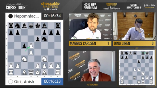 Chessable大師賽半決賽首日:丁立人憾負卡爾森