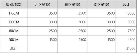 [总决赛]各级别冠军有奖金，奖金分配表如下（单位：元）