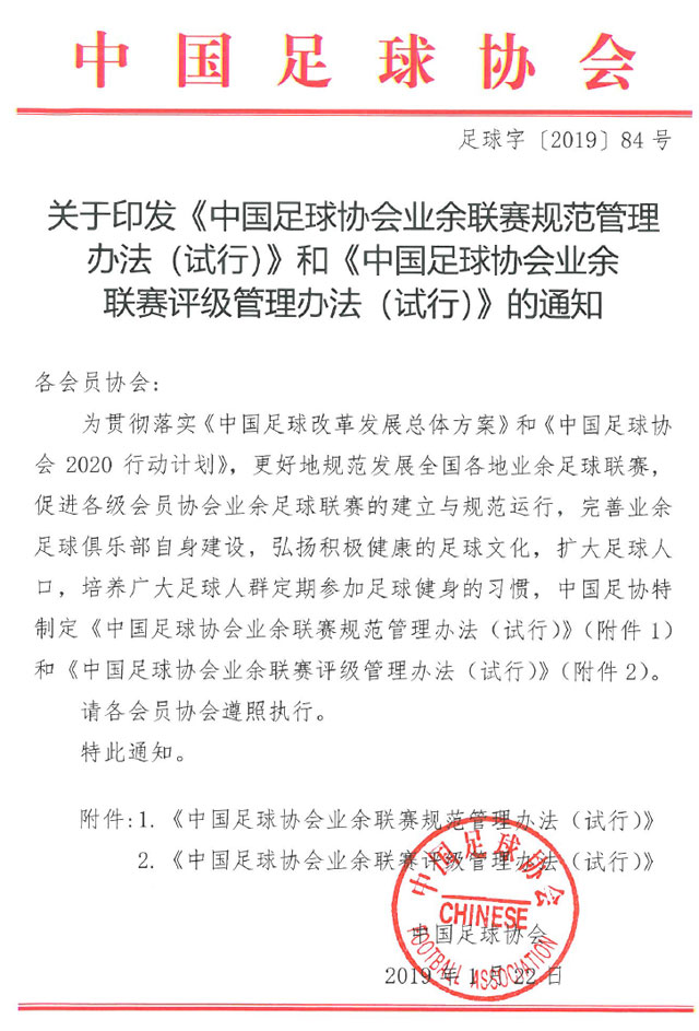 中国足协颁布《中国足球协会业余联赛规范管理办法(试行)》和《中国足球协会业余联赛评级管理办法(试行)》