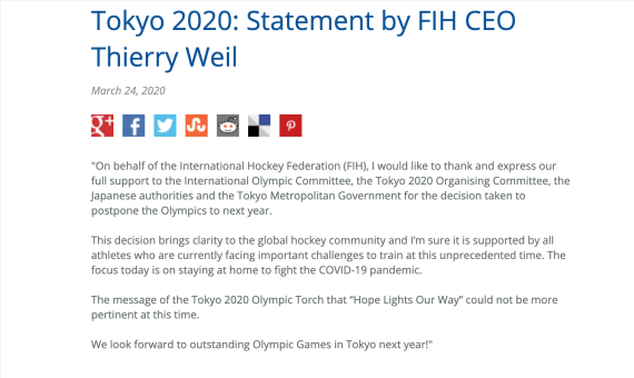 国际曲联：支持东京奥运延期 目前重点是抗击疫情