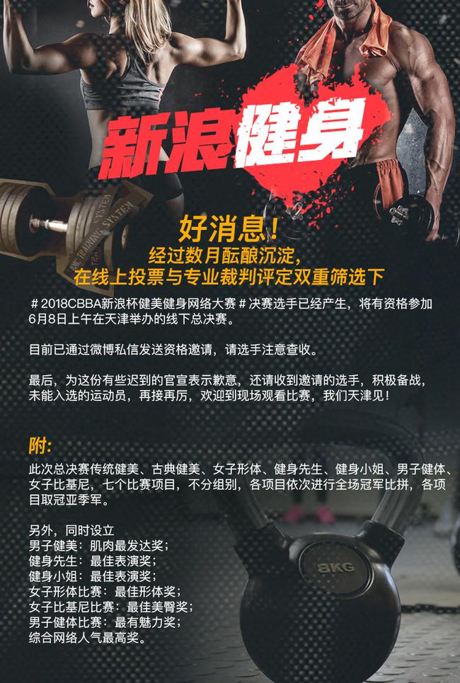 2018CBBA新浪杯健美健身网络大赛，定于6月8日上午在天津举办。
