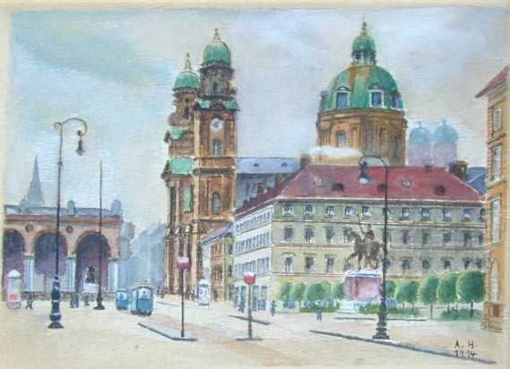 1914年，25岁希特勒的绘画作品，右下角是他的缩写签名