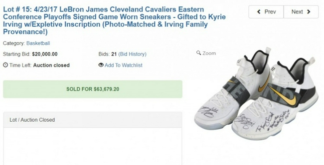 尴尬！欧文6万美元拍卖詹姆斯送给他的签名鞋