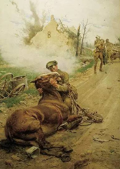 描绘一战时，士兵难舍战马的一幅绘画作品。