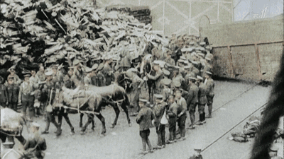 英军马匹运到法国（历史影片）