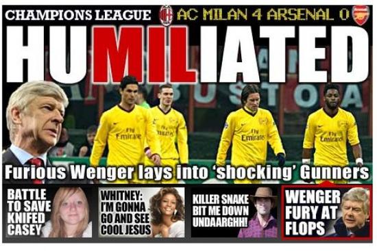 阿森纳客场0-4惨败AC米兰