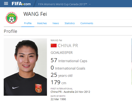 FIFA官网显示王飞的出生日期为1990年
