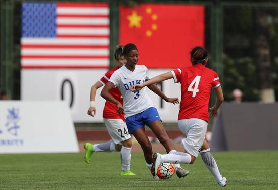 图三：中美大学生女子足球友谊赛激烈角逐中