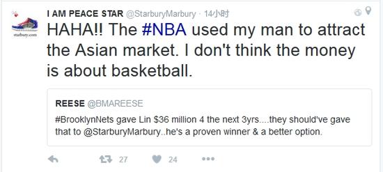 马布里推特直指林书豪不值篮网开出的年薪
