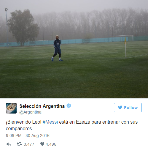 梅西已恢复正常训练