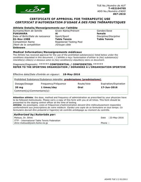 福原爱被曝出服用“强的松”