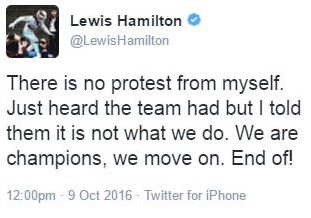 汉密尔顿第二条推：我没上诉，车队上诉了，我让他们撤了。