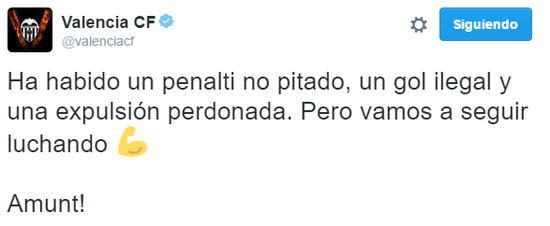 瓦伦西亚官方推特表达对裁判判罚不满