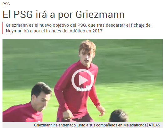 《每日体育报》：巴黎仍对格列兹曼非常感兴趣