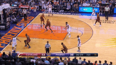 新浪体育讯  北京时间1月9日,太阳队对阵骑士队,詹姆斯眼神防守,对手