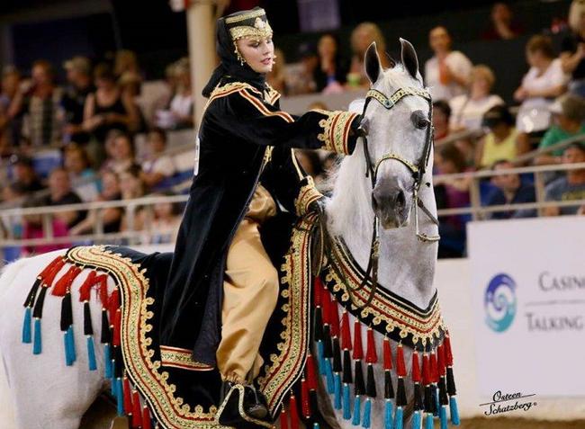 阿拉伯马展中华丽的传统服装骑乘