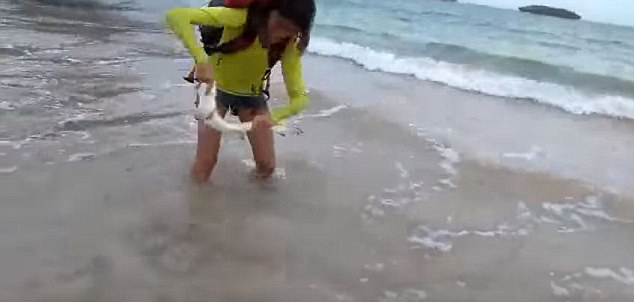 巴西女子抓鲨鱼自拍不仅被咬，反被罚5000英镑(组图)。