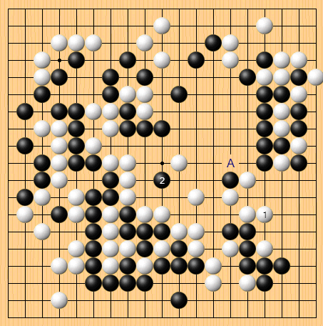洪性志白1恨空,用力过猛。崔哲瀚说,白棋只需A位打吃收兵简明优势。