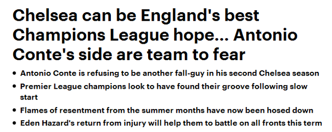 新赛季的切尔西，被《每日邮报》认为，将是英超中在欧冠里走的最远的球员
