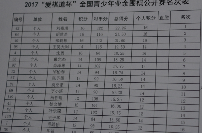 爱棋道杯前16名成绩