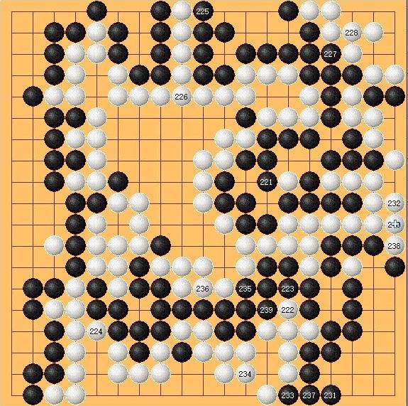 日本第9期棋圣战挑战首局,赵治勋黑 武宫正树白 黑贴5目半,共240手黑胜7目半